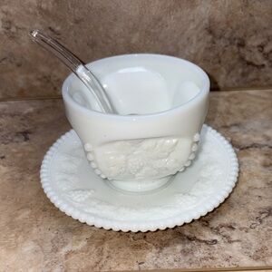 WESTMORELAND Paneled Grape Milk Glass Mayonnaise Bowl Ladle Beaded Edge